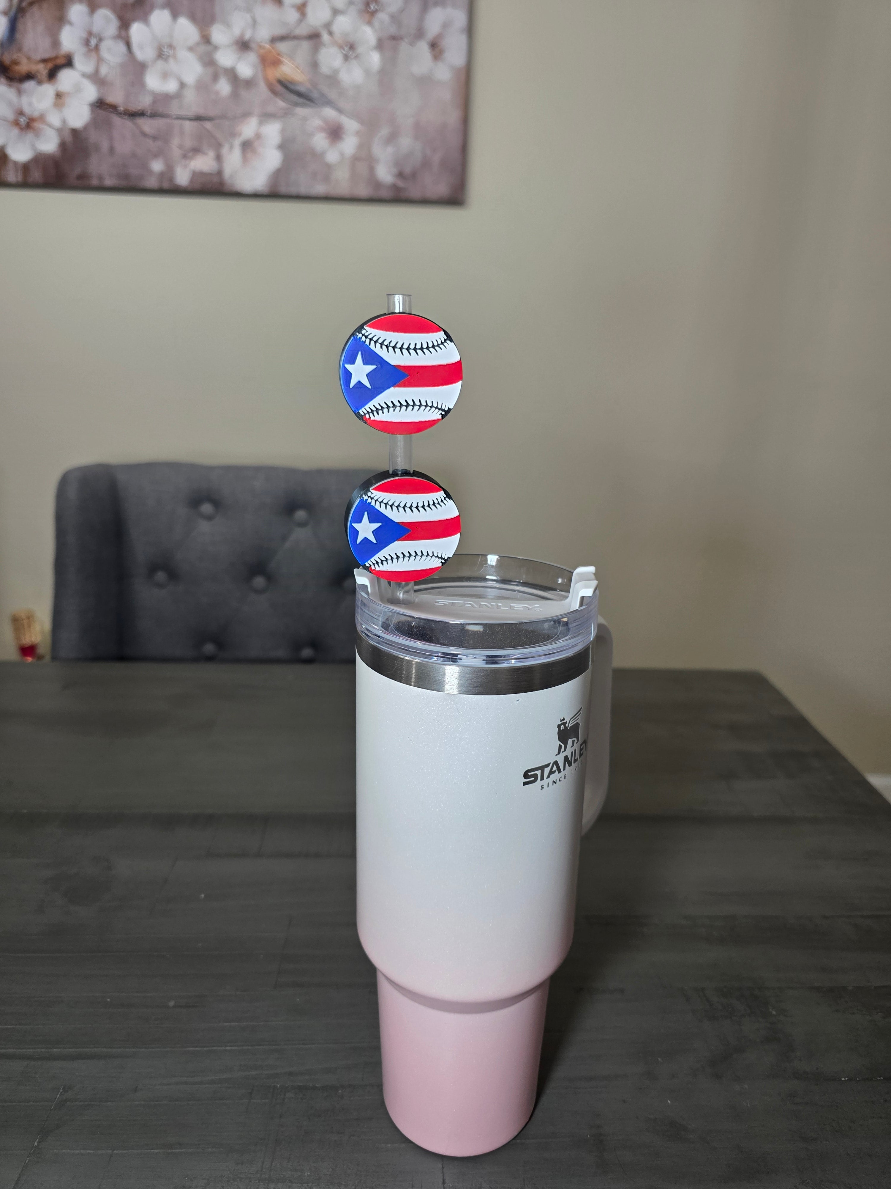 Puerto Rico Flag Baseball Straw Charm | 3D Printed PLA 10mm Straw Topper | Boricua Baseball Cup Accessory