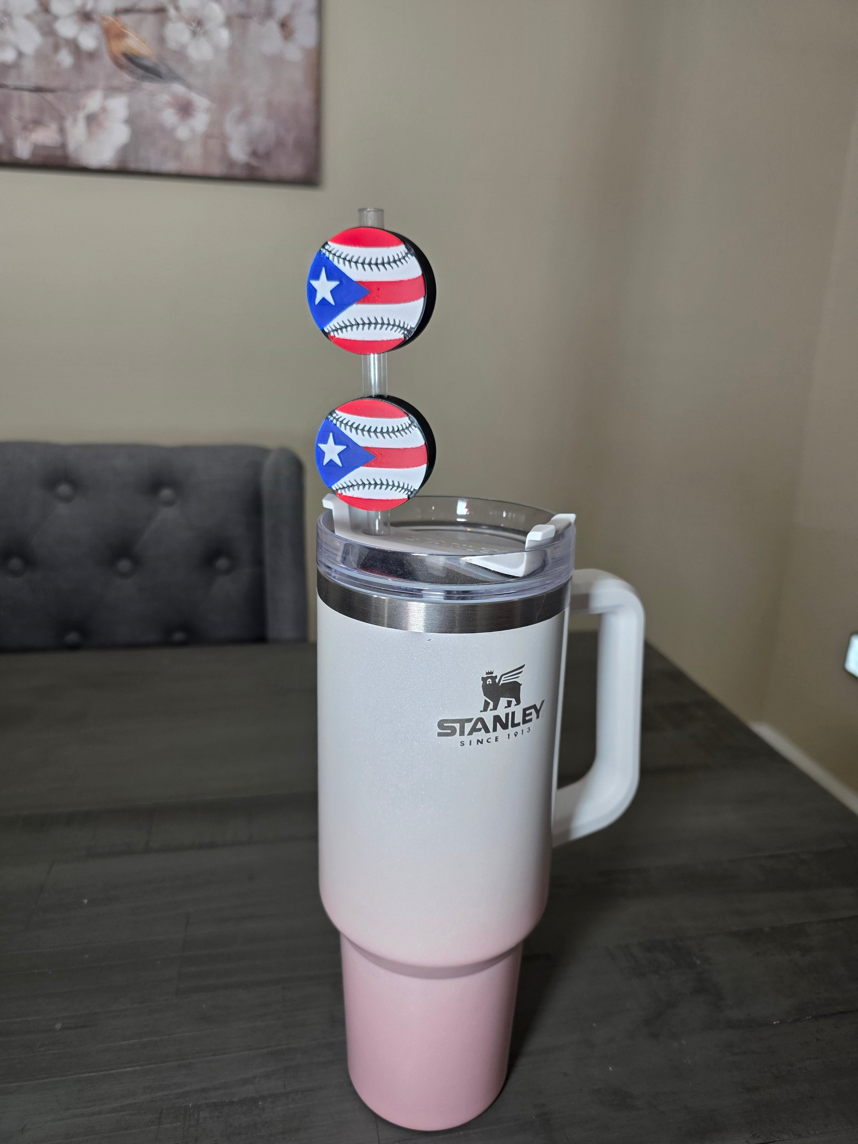 Puerto Rico Flag Baseball Straw Charm | 3D Printed PLA 10mm Straw Topper | Boricua Baseball Cup Accessory