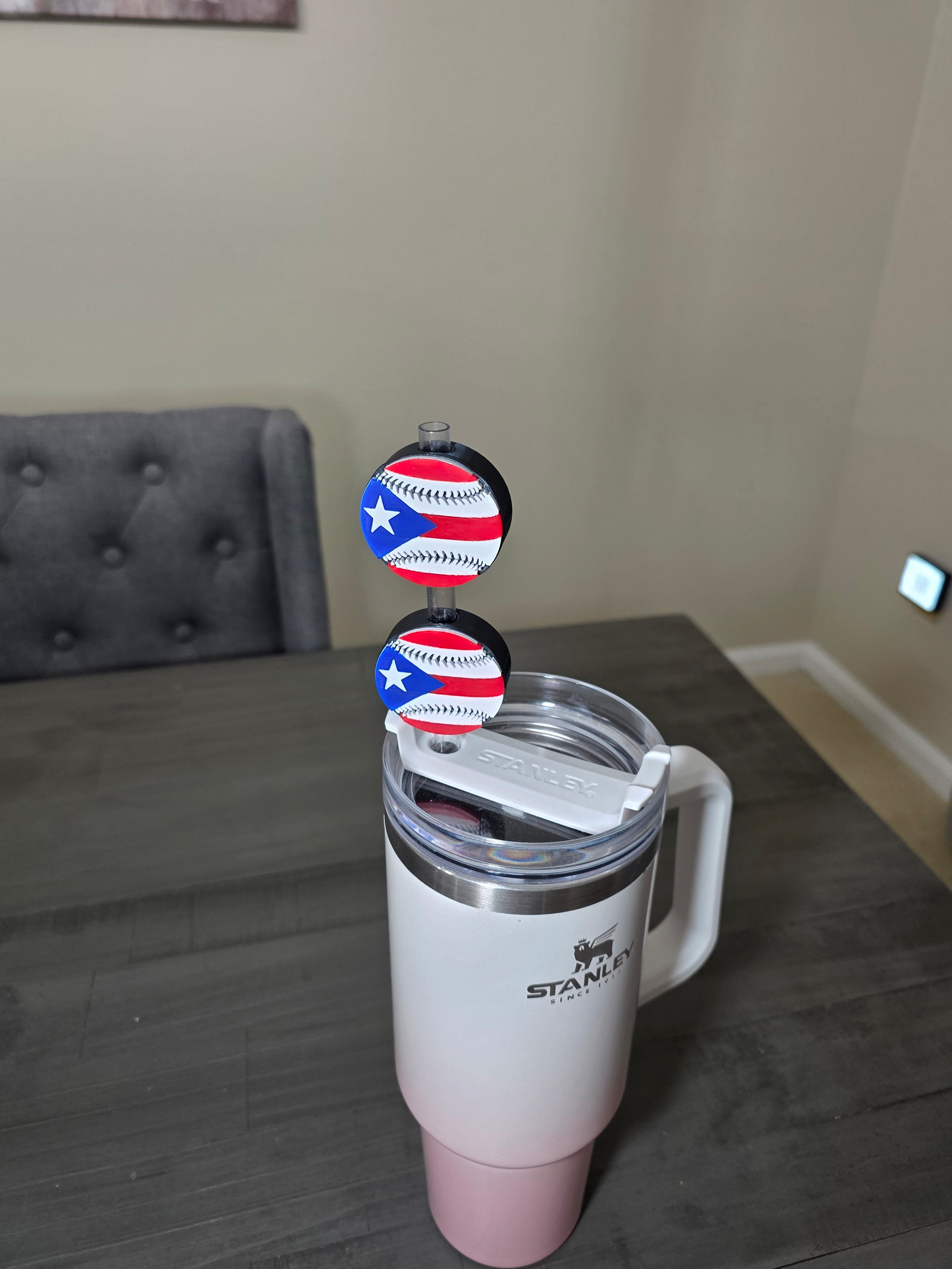 Puerto Rico Flag Baseball Straw Charm | 3D Printed PLA 10mm Straw Topper | Boricua Baseball Cup Accessory