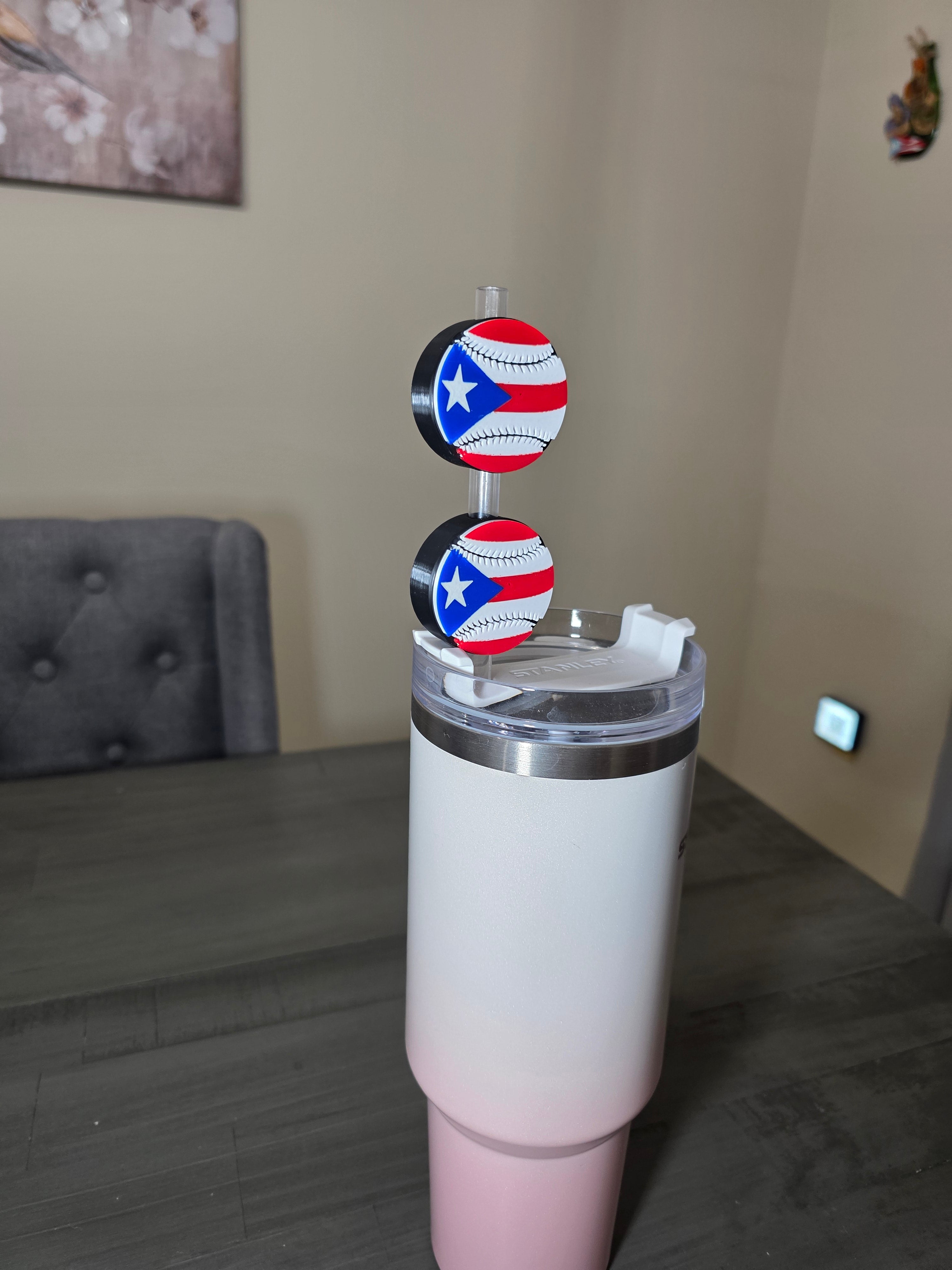 Puerto Rico Flag Baseball Straw Charm | 3D Printed PLA 10mm Straw Topper | Boricua Baseball Cup Accessory