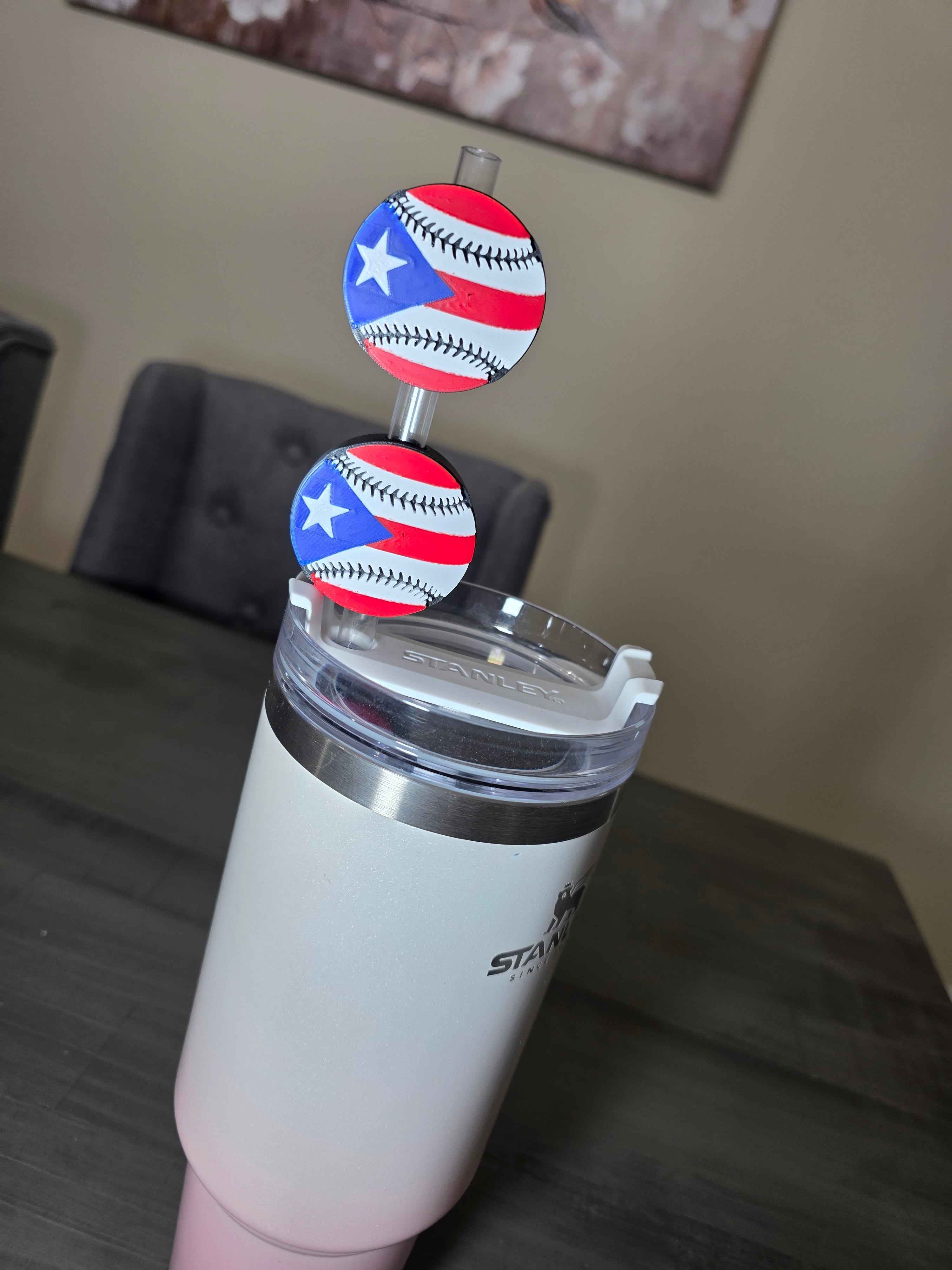 Puerto Rico Flag Baseball Straw Charm | 3D Printed PLA 10mm Straw Topper | Boricua Baseball Cup Accessory