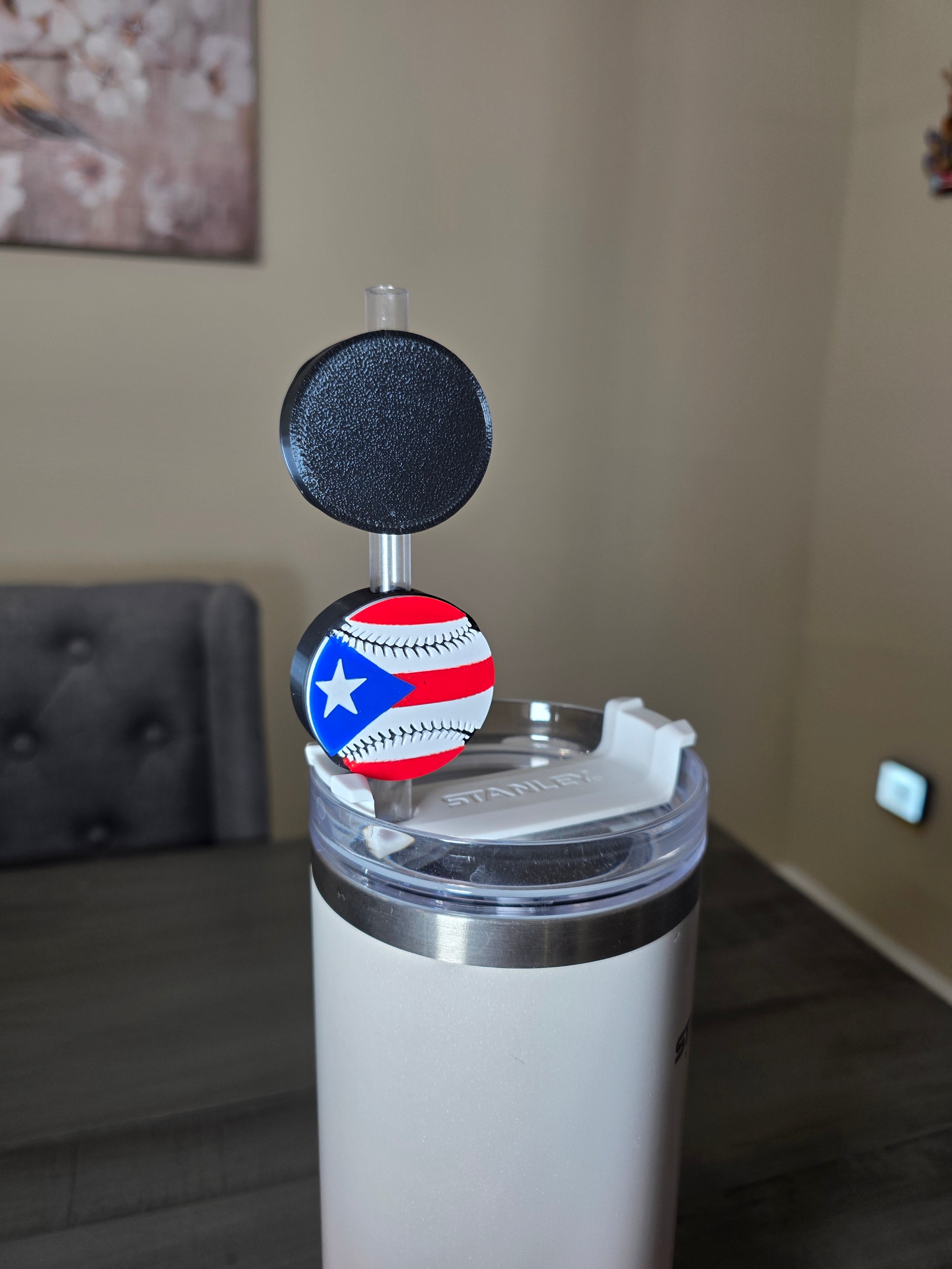 Puerto Rico Flag Baseball Straw Charm | 3D Printed PLA 10mm Straw Topper | Boricua Baseball Cup Accessory