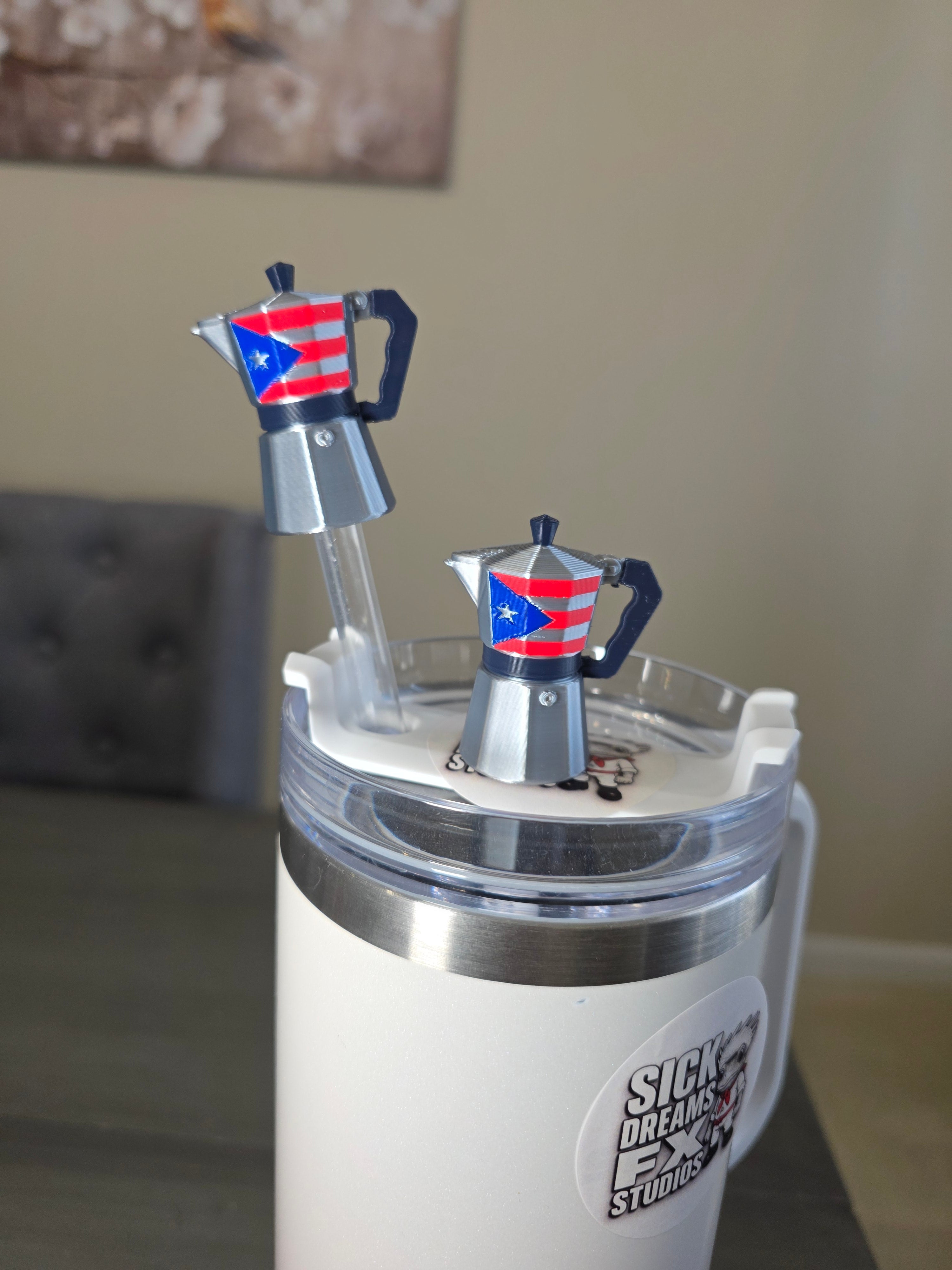 Puerto Rico Greca With Puerto Rico Flag Straw Charm | 3D Printed Coffee Maker Topper | 10mm Straw Accessory | Boricua Coffee Cup Charm