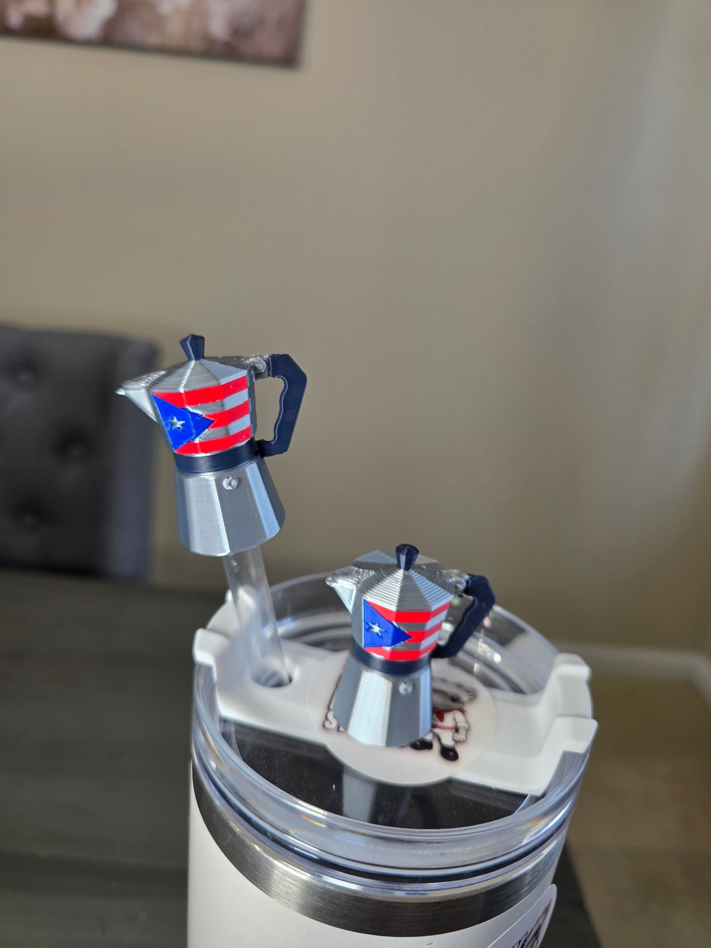 Puerto Rico Greca With Puerto Rico Flag Straw Charm | 3D Printed Coffee Maker Topper | 10mm Straw Accessory | Boricua Coffee Cup Charm
