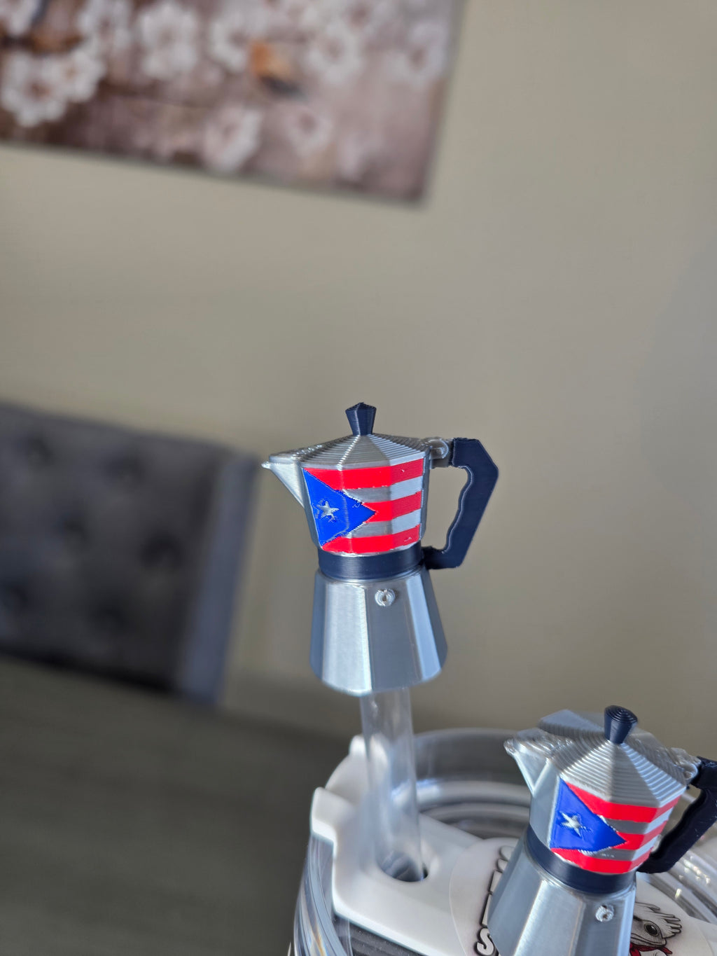Puerto Rico Greca With Puerto Rico Flag Straw Charm | 3D Printed Coffee Maker Topper | 10mm Straw Accessory | Boricua Coffee Cup Charm