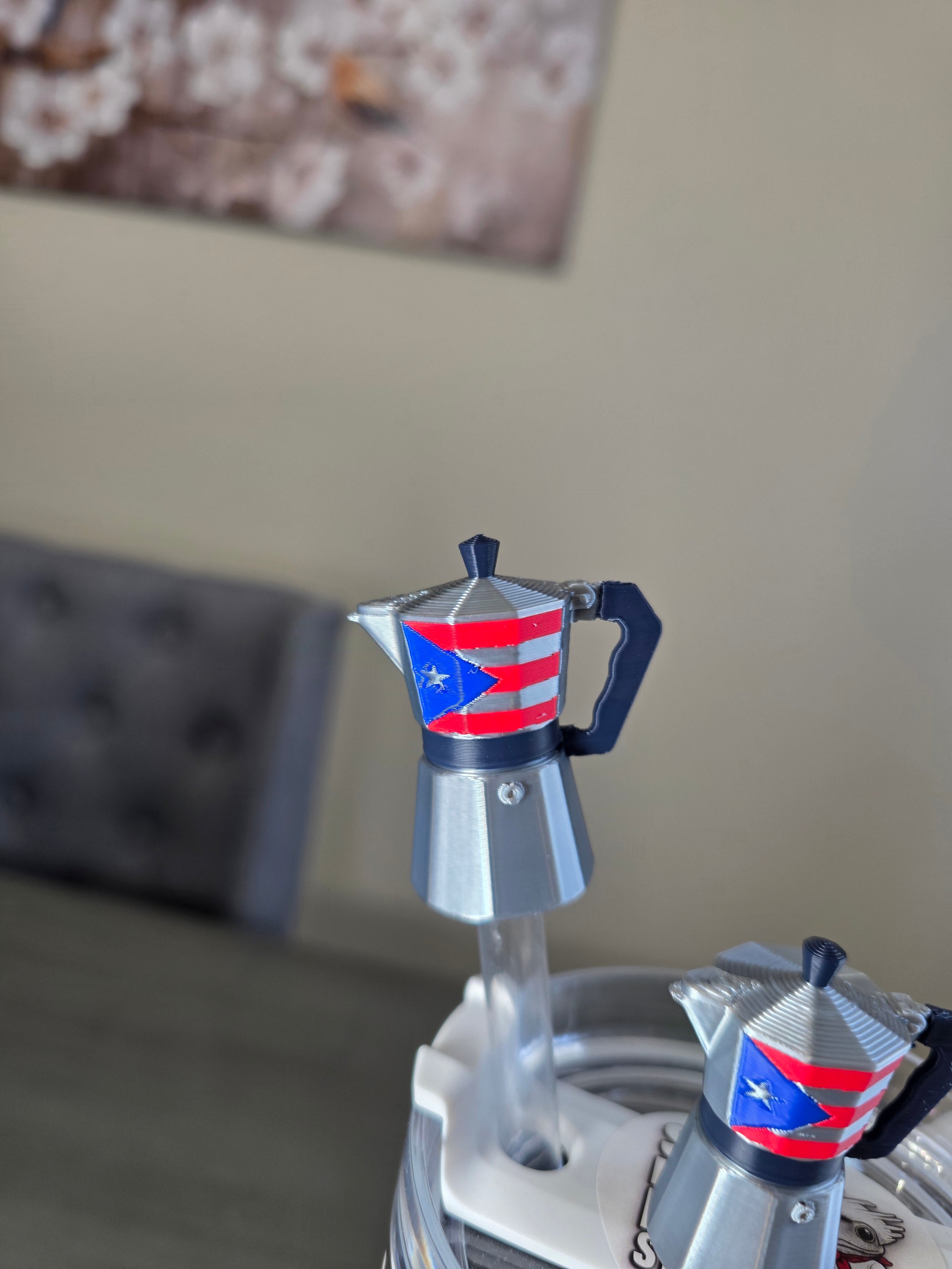 Puerto Rico Greca With Puerto Rico Flag Straw Charm | 3D Printed Coffee Maker Topper | 10mm Straw Accessory | Boricua Coffee Cup Charm