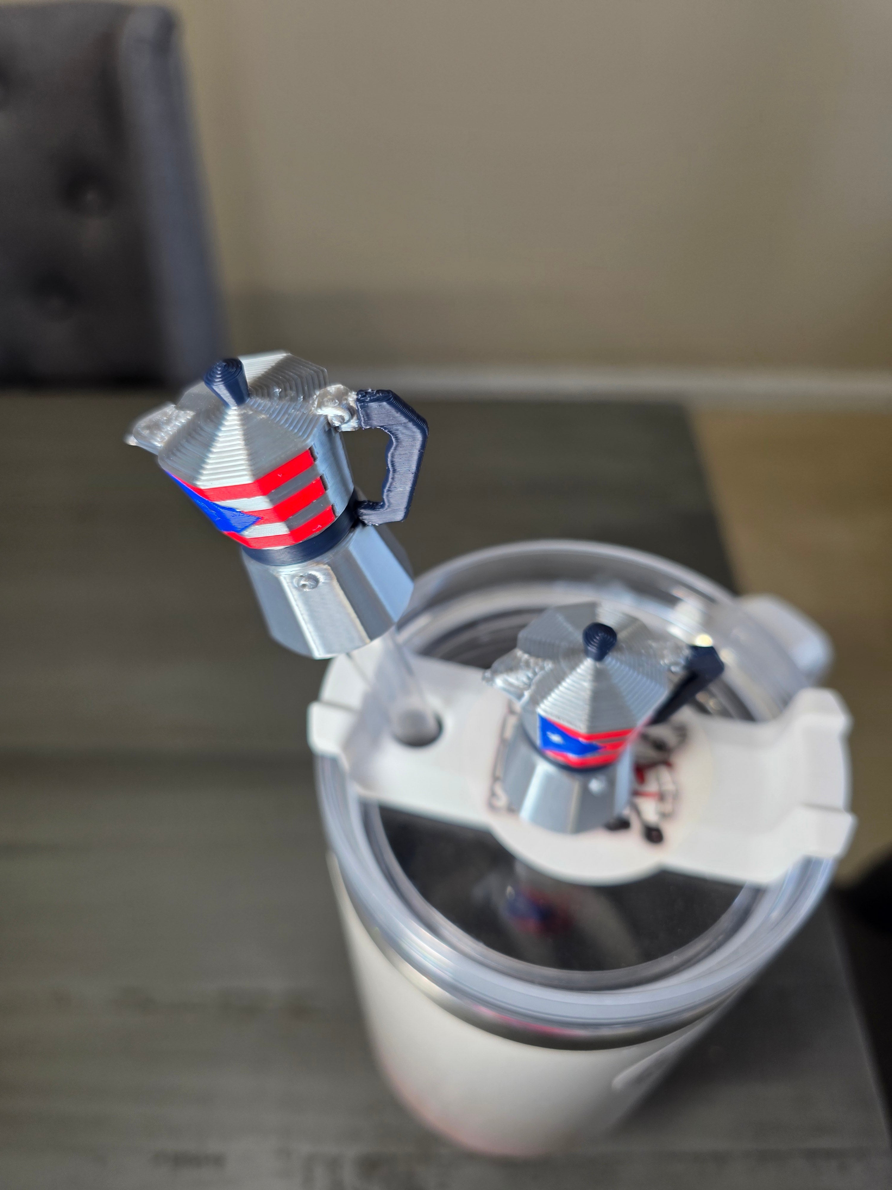 Puerto Rico Greca With Puerto Rico Flag Straw Charm | 3D Printed Coffee Maker Topper | 10mm Straw Accessory | Boricua Coffee Cup Charm