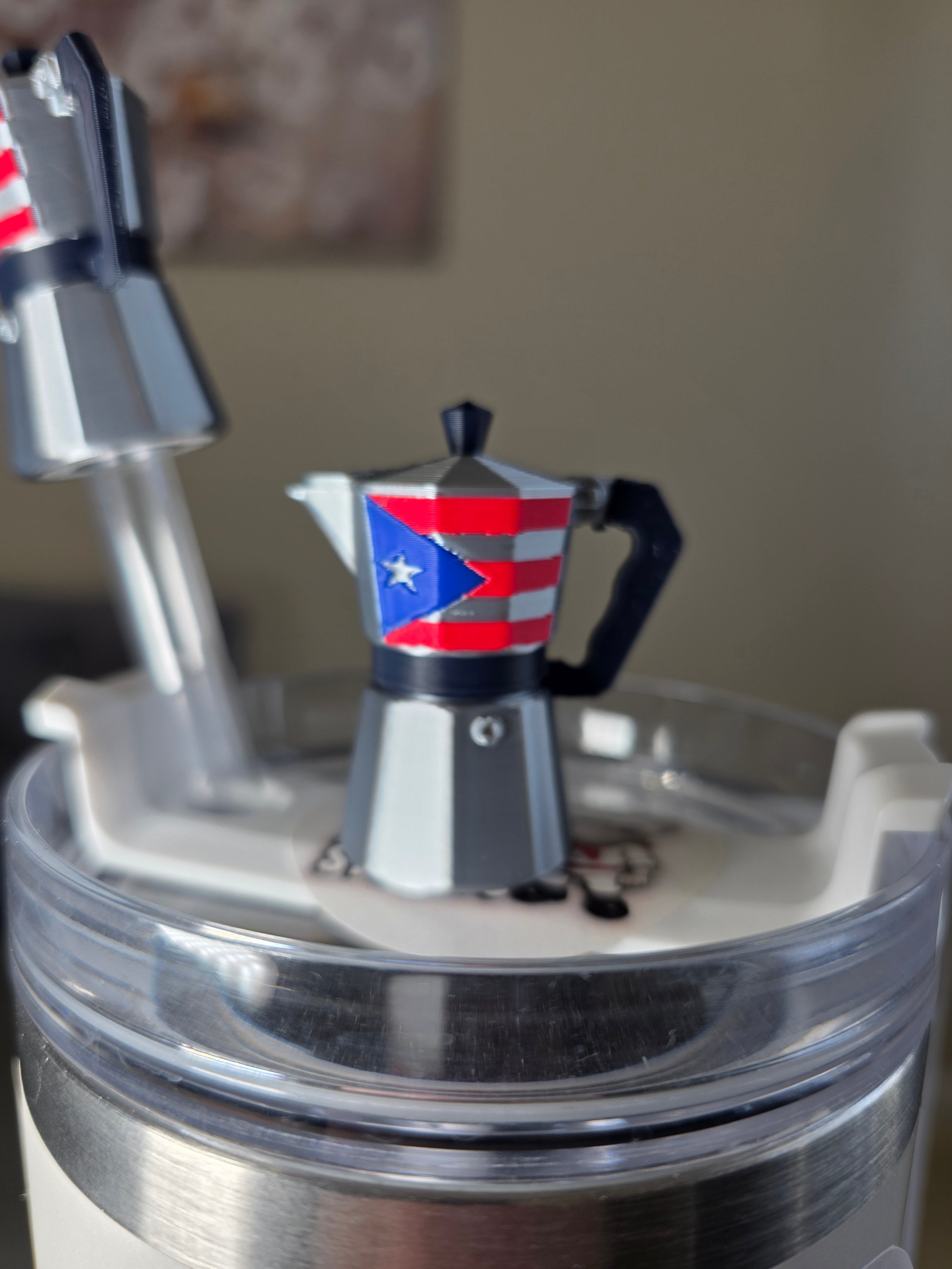 Puerto Rico Greca With Puerto Rico Flag Straw Charm | 3D Printed Coffee Maker Topper | 10mm Straw Accessory | Boricua Coffee Cup Charm