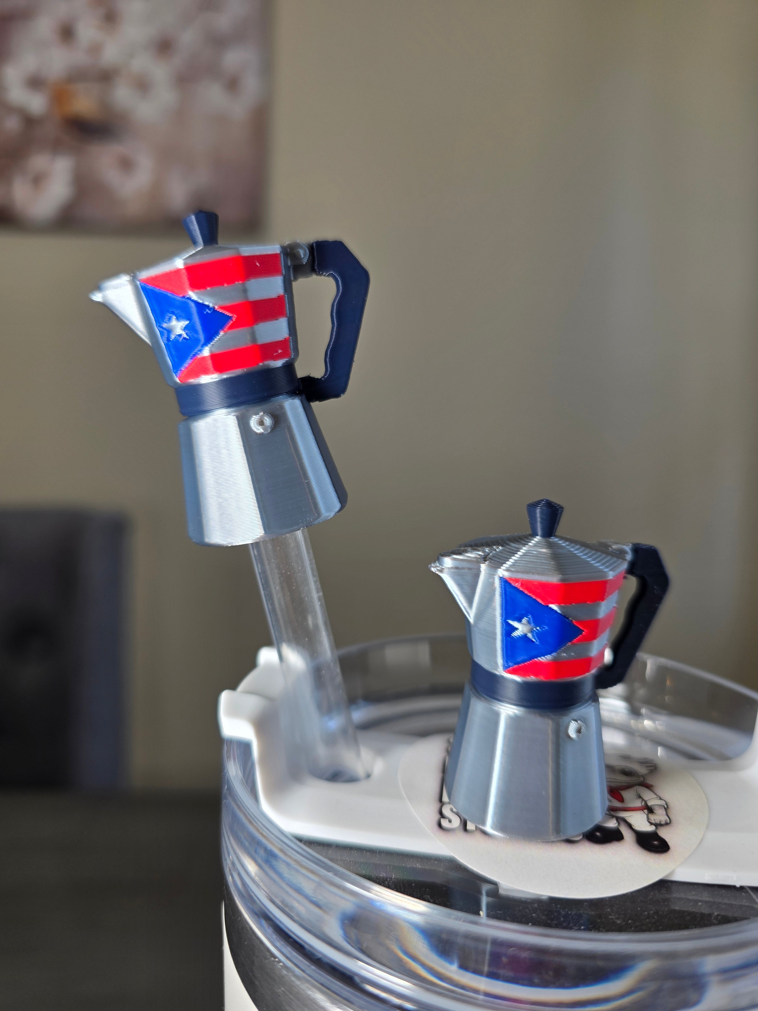 Puerto Rico Greca With Puerto Rico Flag Straw Charm | 3D Printed Coffee Maker Topper | 10mm Straw Accessory | Boricua Coffee Cup Charm