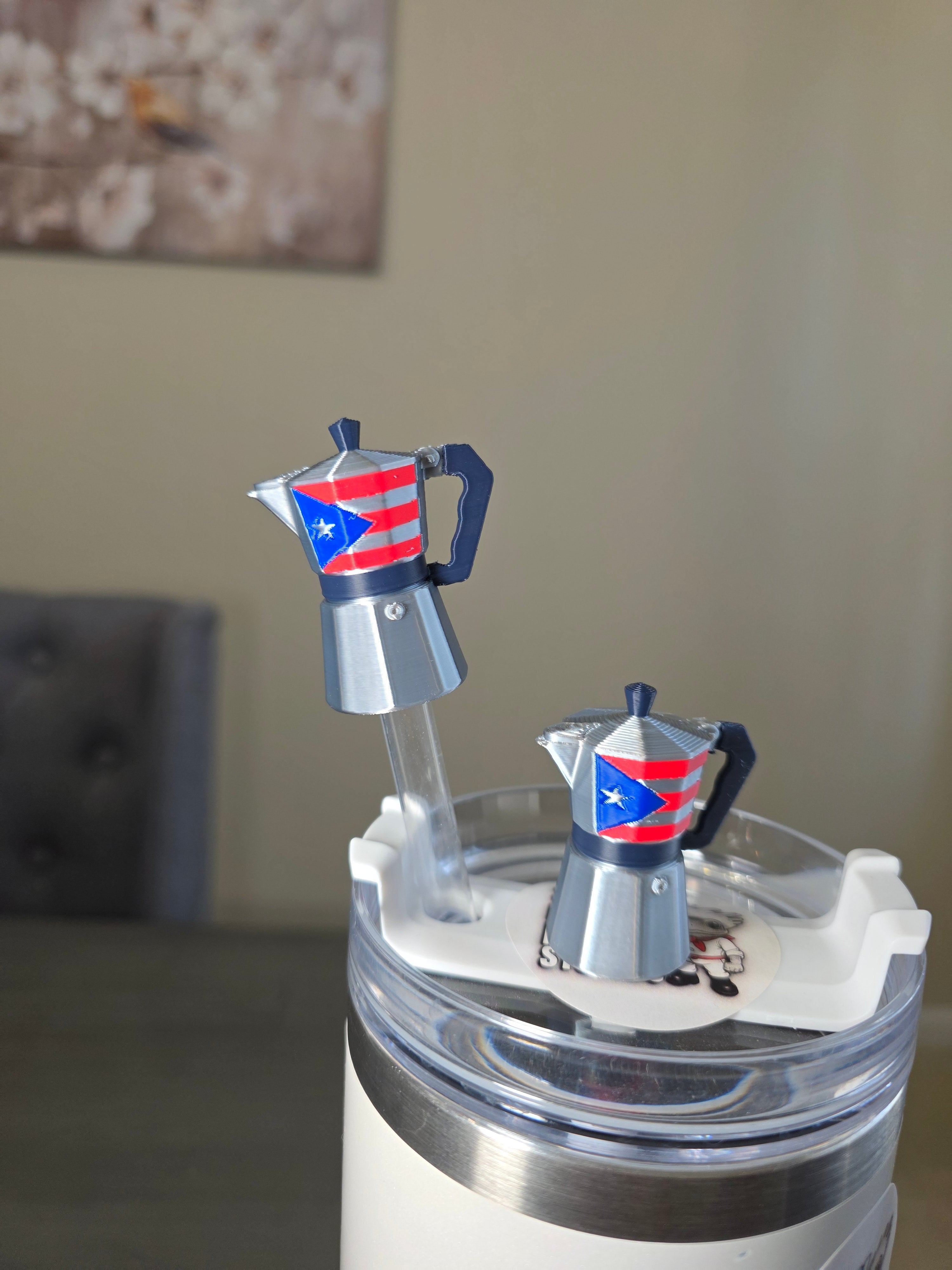 Puerto Rico Greca With Puerto Rico Flag Straw Charm | 3D Printed Coffee Maker Topper | 10mm Straw Accessory | Boricua Coffee Cup Charm