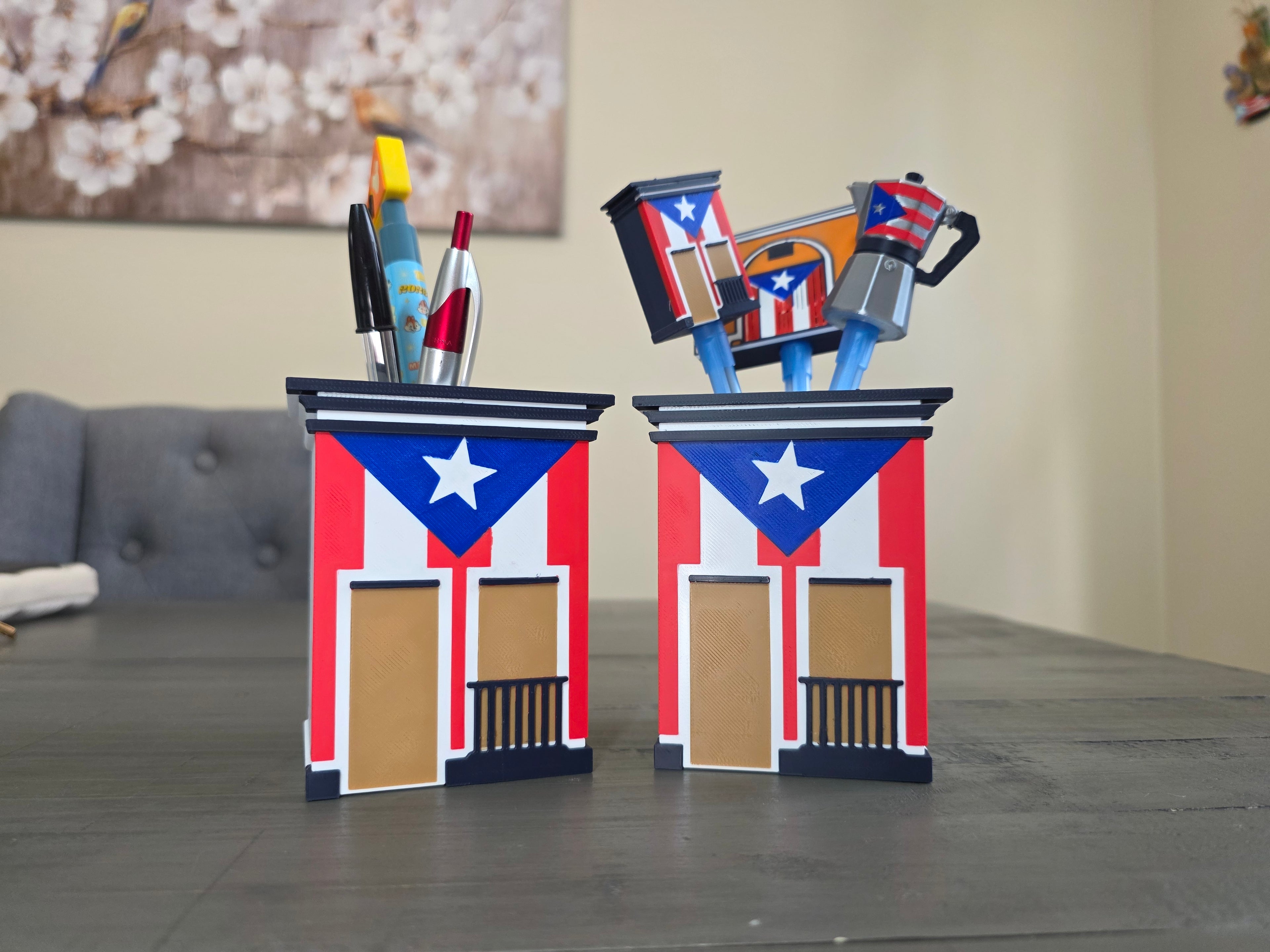 Puerto Rico Flag House Pen Holder | San Juan Inspired Desk Organizer | 3D Printed PLA Office Decor | Boricua Desk Accessory