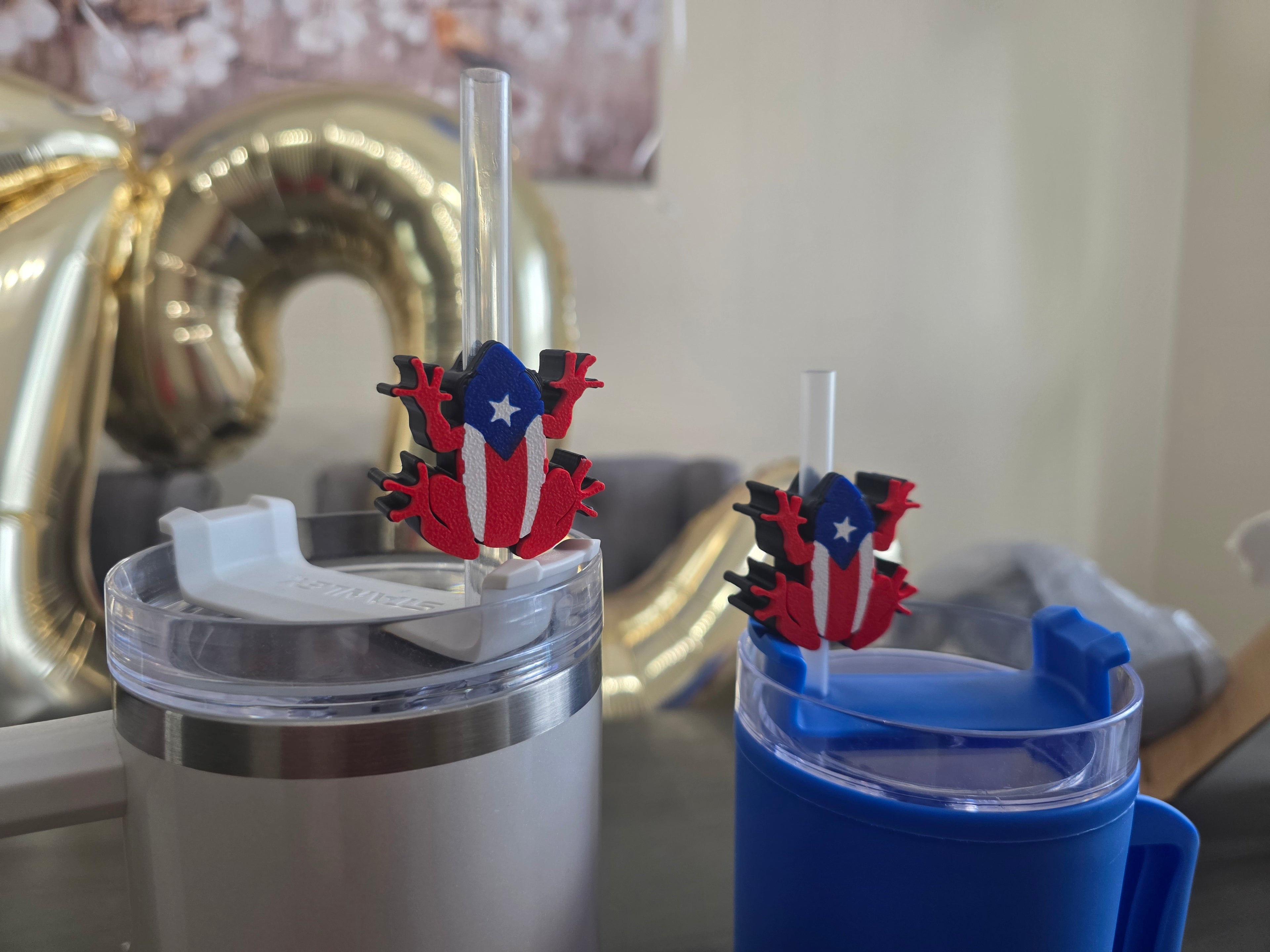 Puerto Rico Coquí Straw Charm | 3D Printed PLA Flag Coquí Topper | 10mm Straw Accessory | Boricua Cup Charm
