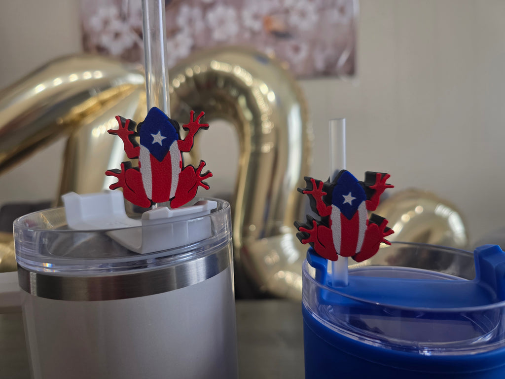 Puerto Rico Coquí Straw Charm | 3D Printed PLA Flag Coquí Topper | 10mm Straw Accessory | Boricua Cup Charm