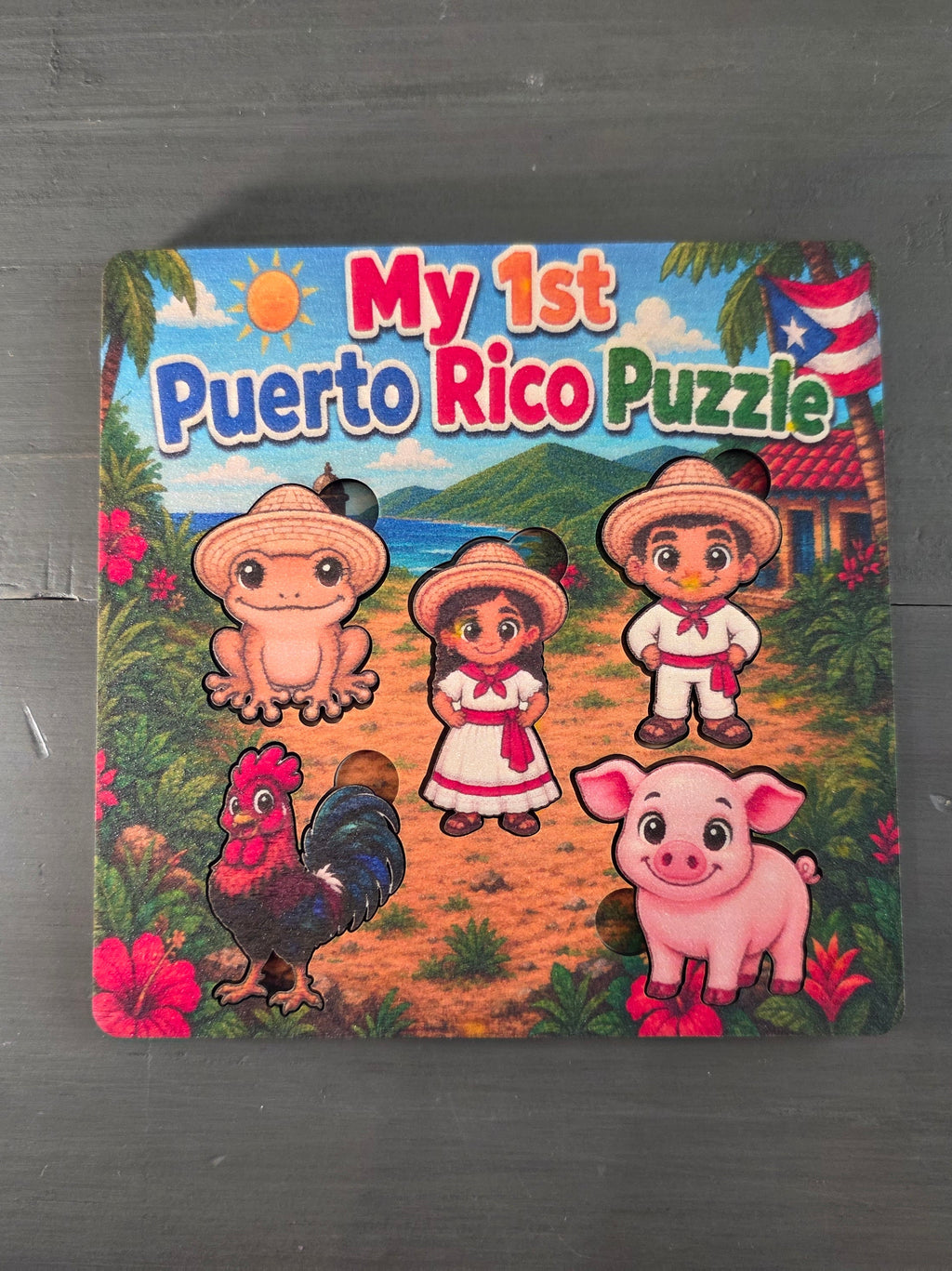 My First Puerto Rico Puzzle | 5-Piece 5x5 Laser Cut Wooden Puzzle | Coquí, Rooster, Pig, Jíbaro & Jíbarita | Boricua Gift