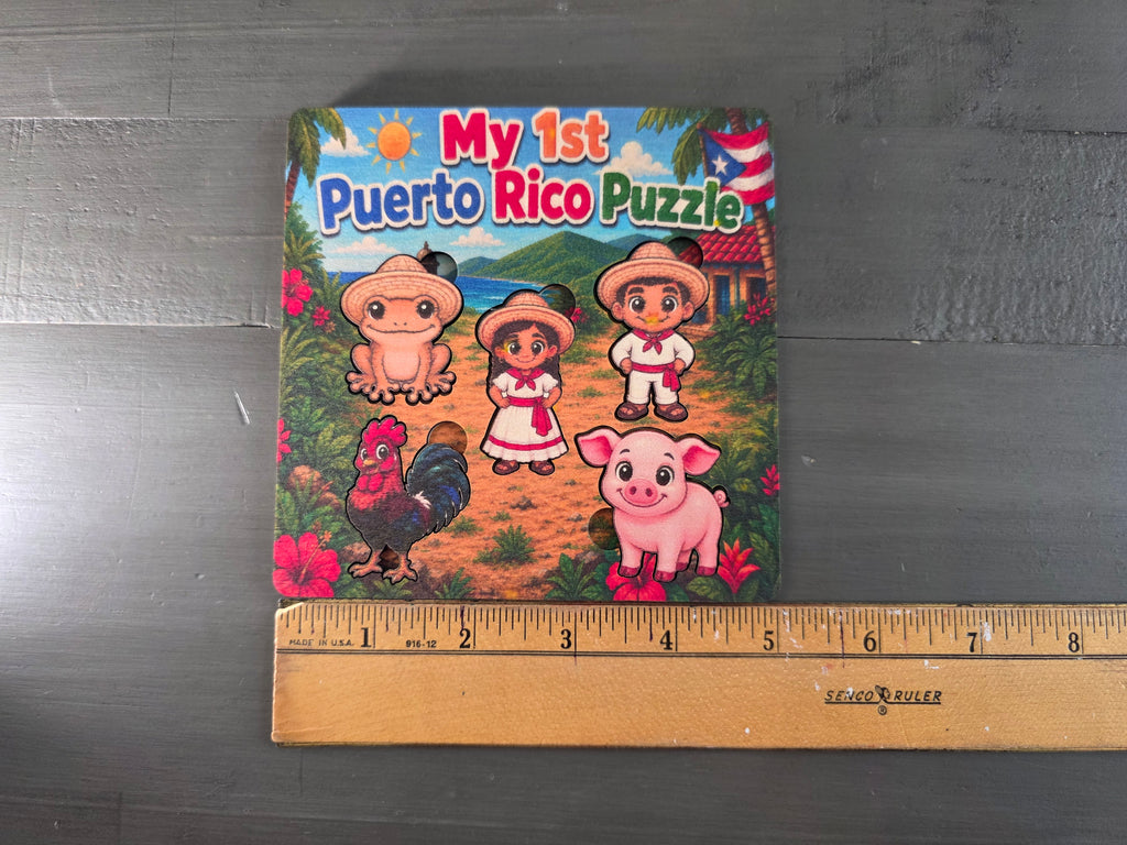 My First Puerto Rico Puzzle | 5-Piece 5x5 Laser Cut Wooden Puzzle | Coquí, Rooster, Pig, Jíbaro & Jíbarita | Boricua Gift