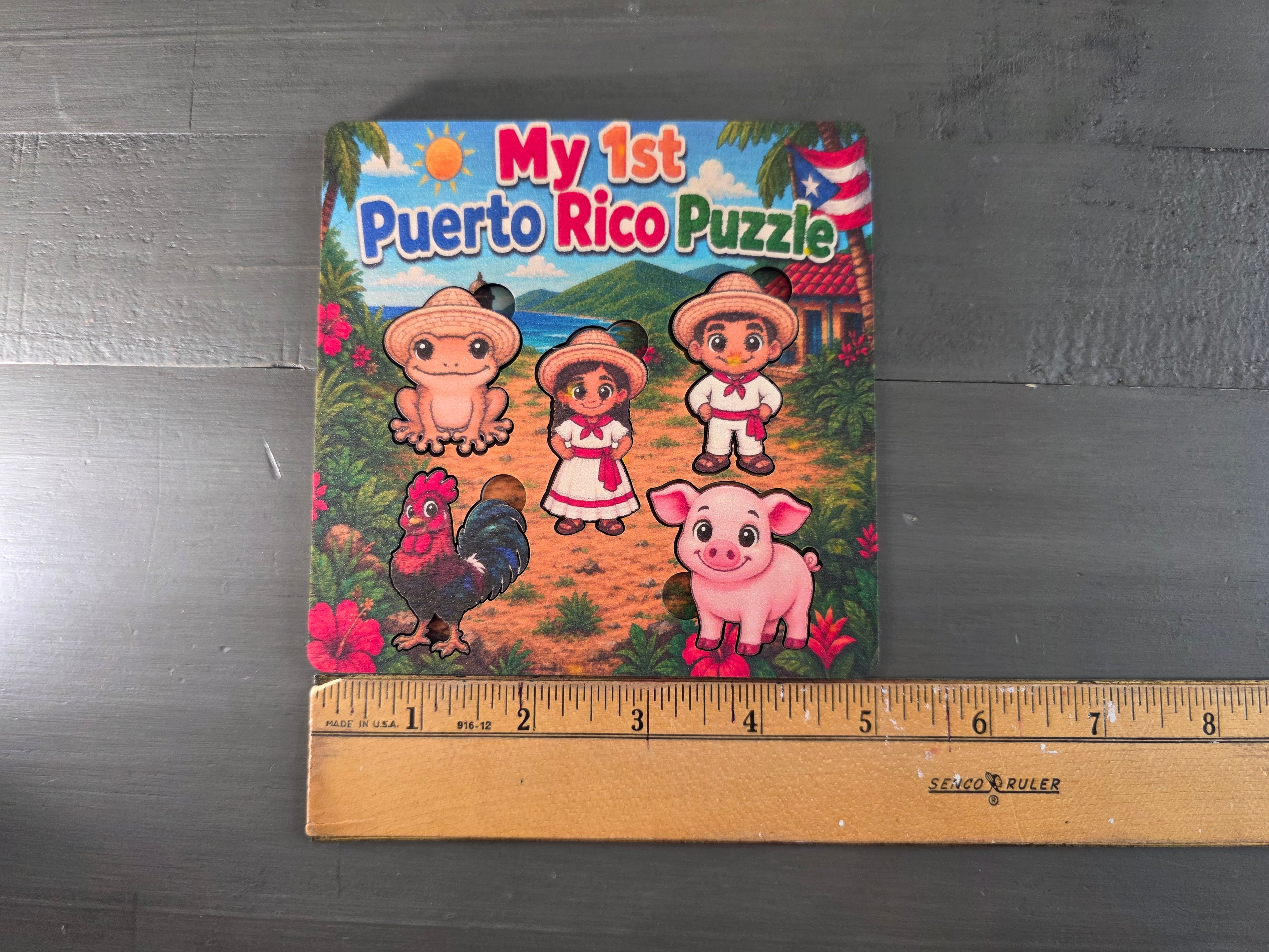 My First Puerto Rico Puzzle | 5-Piece 5x5 Laser Cut Wooden Puzzle | Coquí, Rooster, Pig, Jíbaro & Jíbarita | Boricua Gift