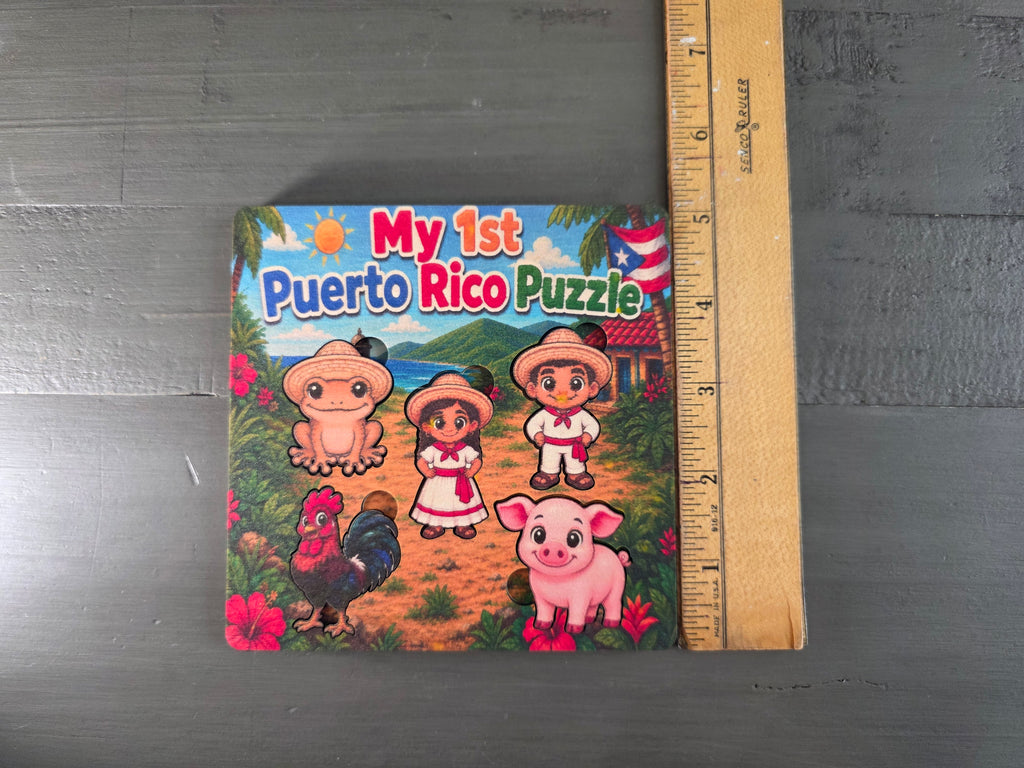 My First Puerto Rico Puzzle | 5-Piece 5x5 Laser Cut Wooden Puzzle | Coquí, Rooster, Pig, Jíbaro & Jíbarita | Boricua Gift