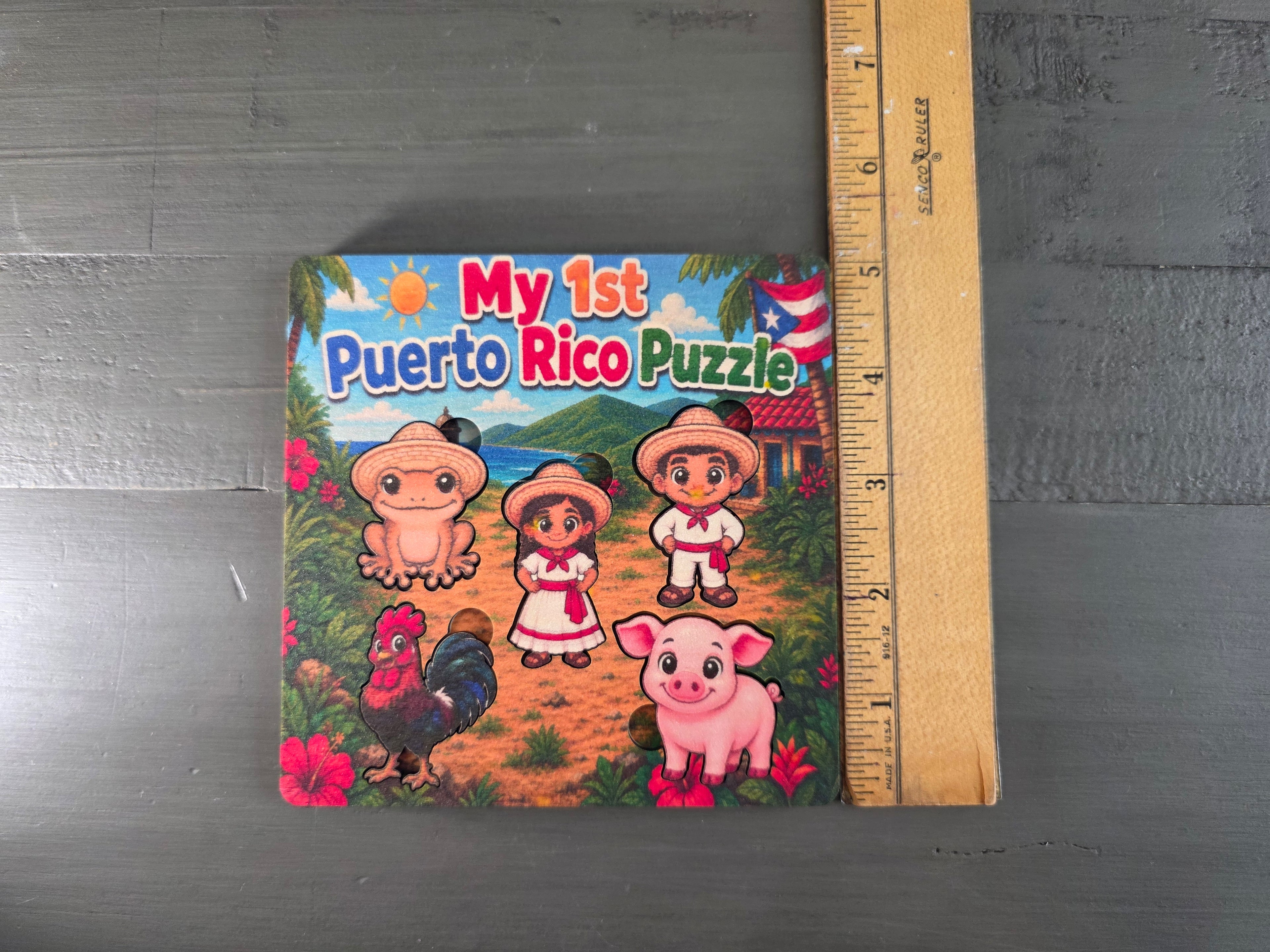 My First Puerto Rico Puzzle | 5-Piece 5x5 Laser Cut Wooden Puzzle | Coquí, Rooster, Pig, Jíbaro & Jíbarita | Boricua Gift
