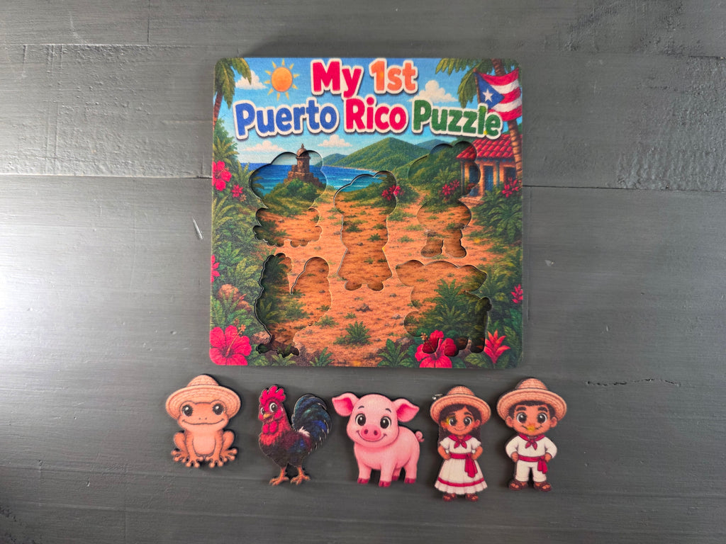 My First Puerto Rico Puzzle | 5-Piece 5x5 Laser Cut Wooden Puzzle | Coquí, Rooster, Pig, Jíbaro & Jíbarita | Boricua Gift