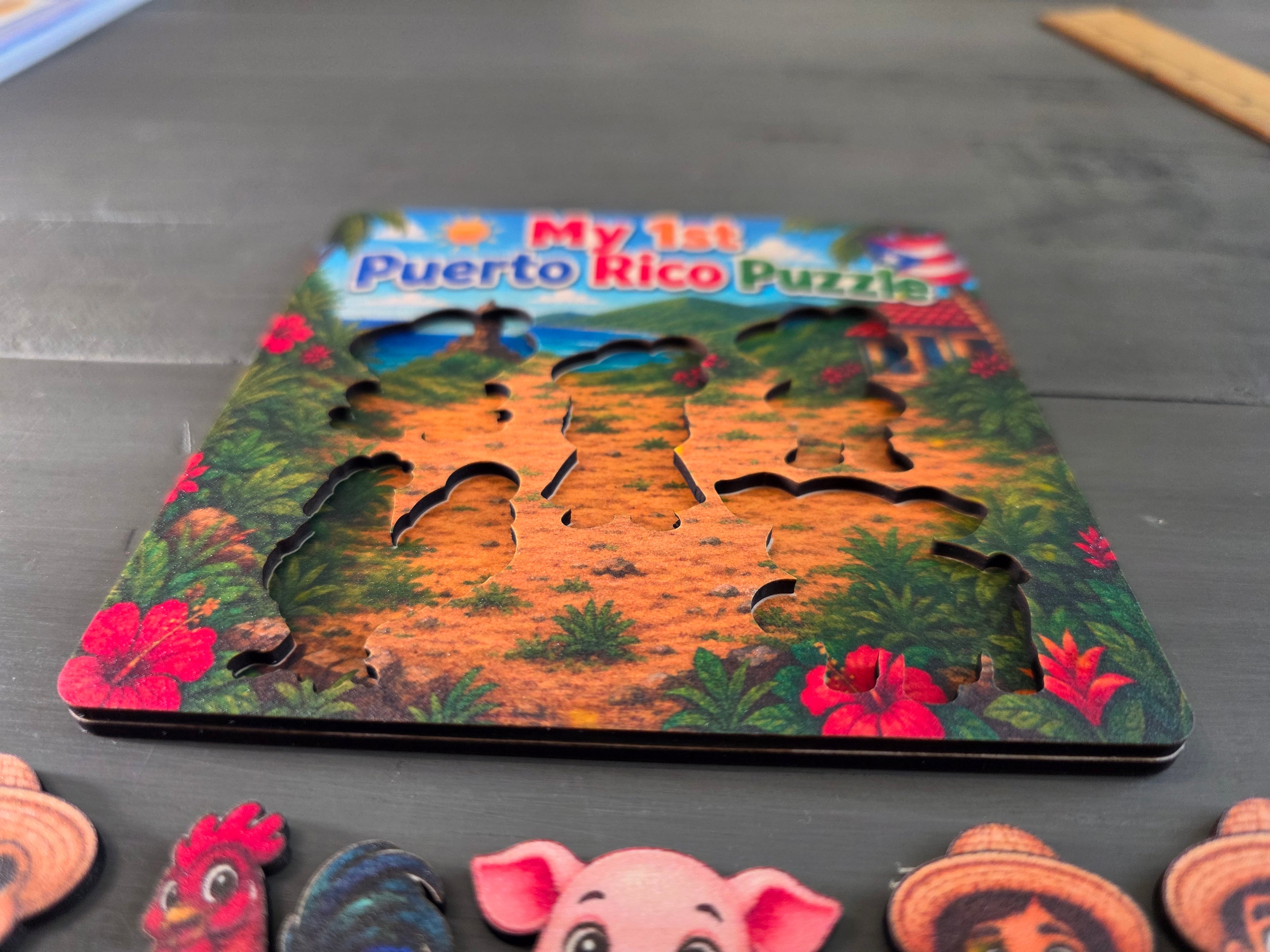 My First Puerto Rico Puzzle | 5-Piece 5x5 Laser Cut Wooden Puzzle | Coquí, Rooster, Pig, Jíbaro & Jíbarita | Boricua Gift