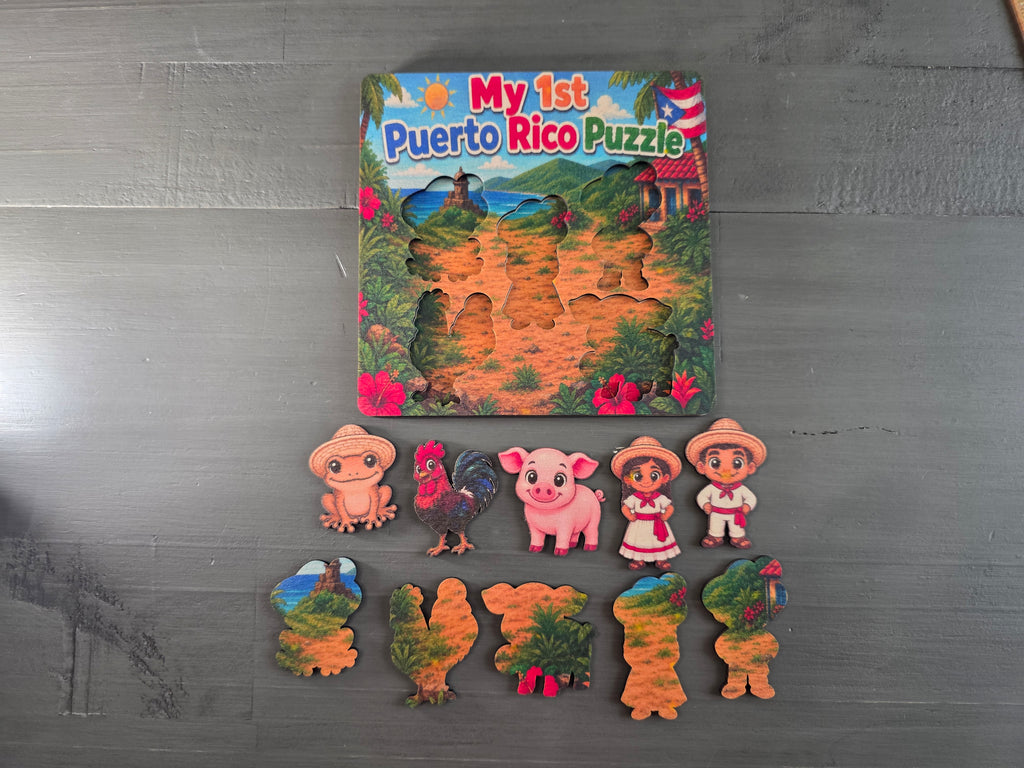 My First Puerto Rico Puzzle | 5-Piece 5x5 Laser Cut Wooden Puzzle | Coquí, Rooster, Pig, Jíbaro & Jíbarita | Boricua Gift