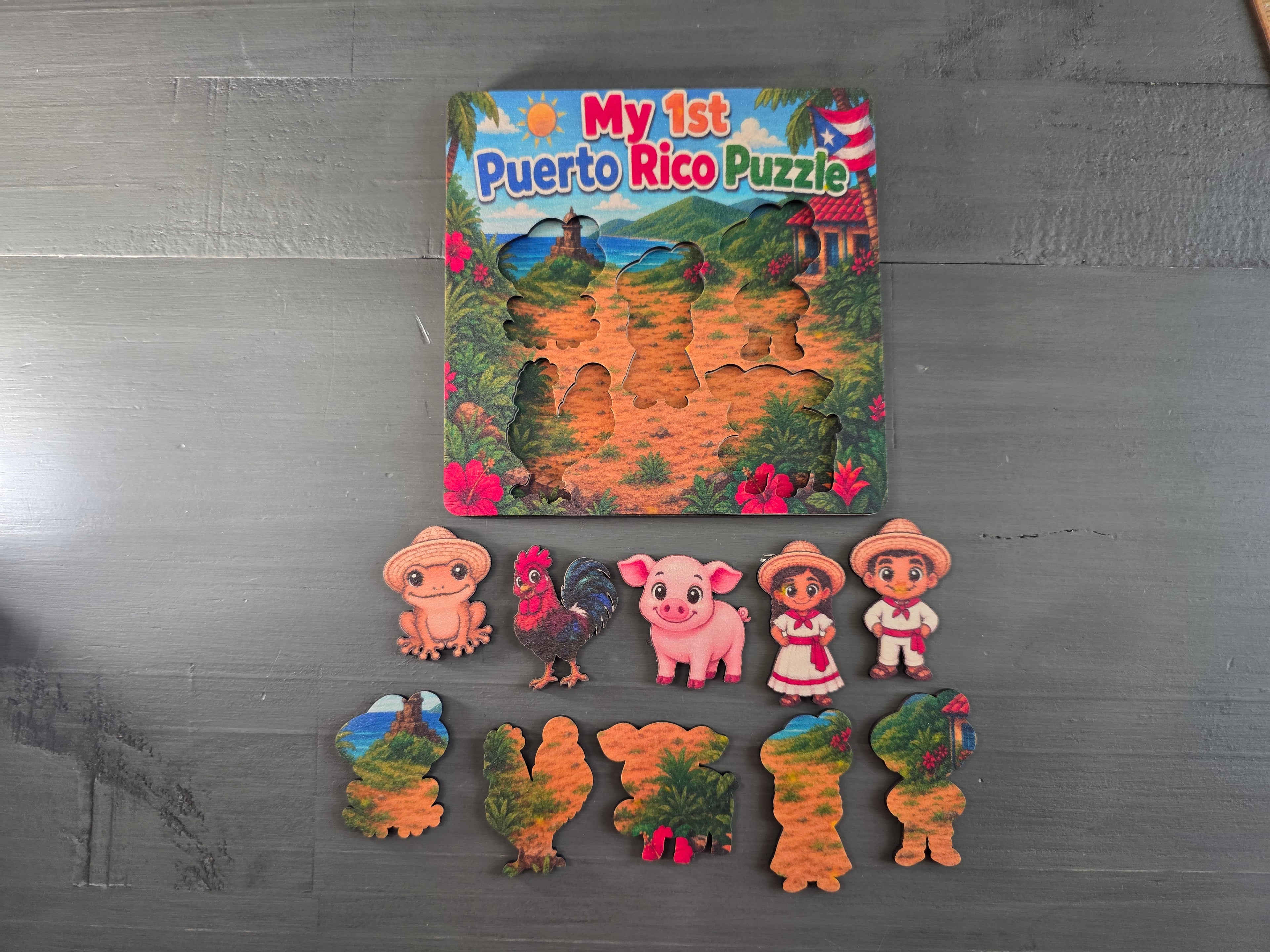 My First Puerto Rico Puzzle | 5-Piece 5x5 Laser Cut Wooden Puzzle | Coquí, Rooster, Pig, Jíbaro & Jíbarita | Boricua Gift