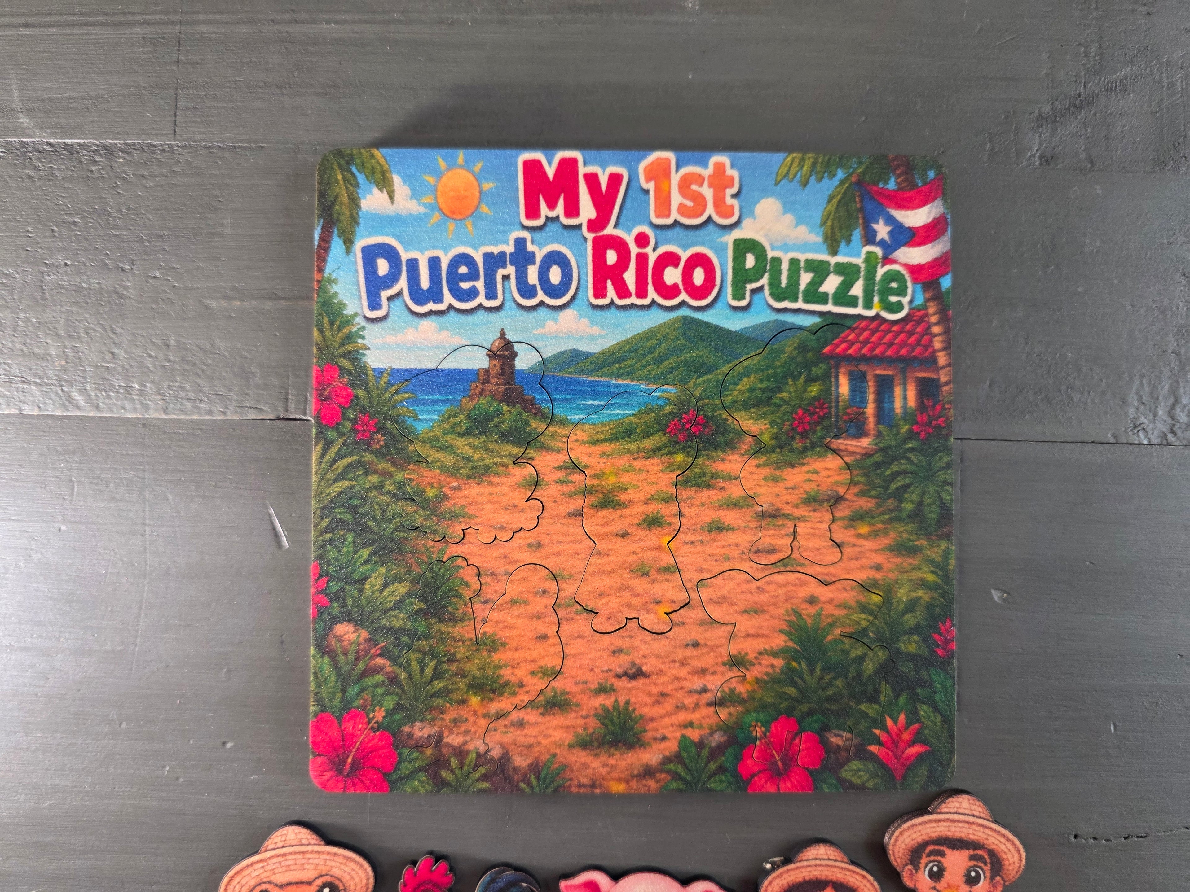 My First Puerto Rico Puzzle | 5-Piece 5x5 Laser Cut Wooden Puzzle | Coquí, Rooster, Pig, Jíbaro & Jíbarita | Boricua Gift