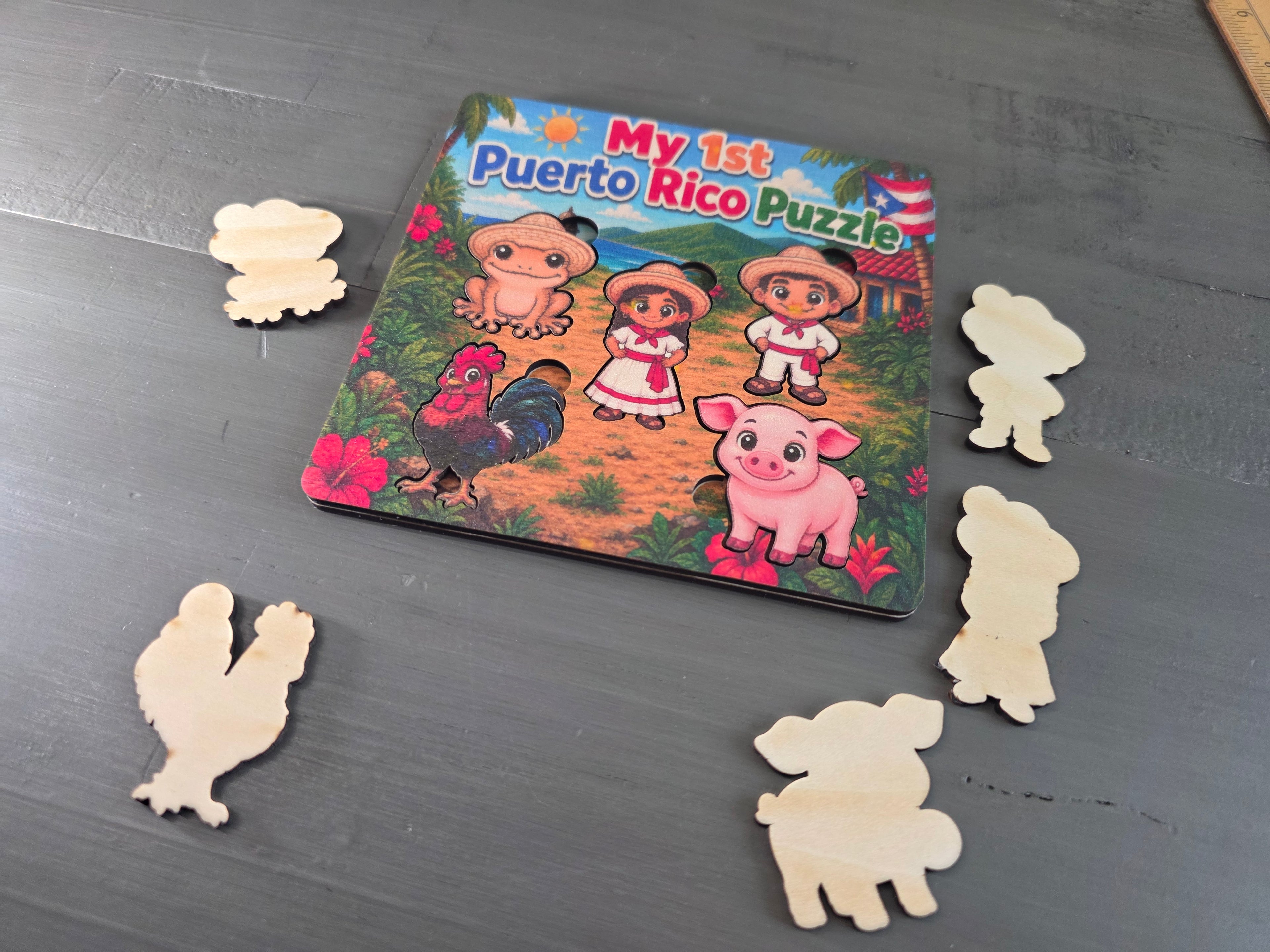My First Puerto Rico Puzzle | 5-Piece 5x5 Laser Cut Wooden Puzzle | Coquí, Rooster, Pig, Jíbaro & Jíbarita | Boricua Gift
