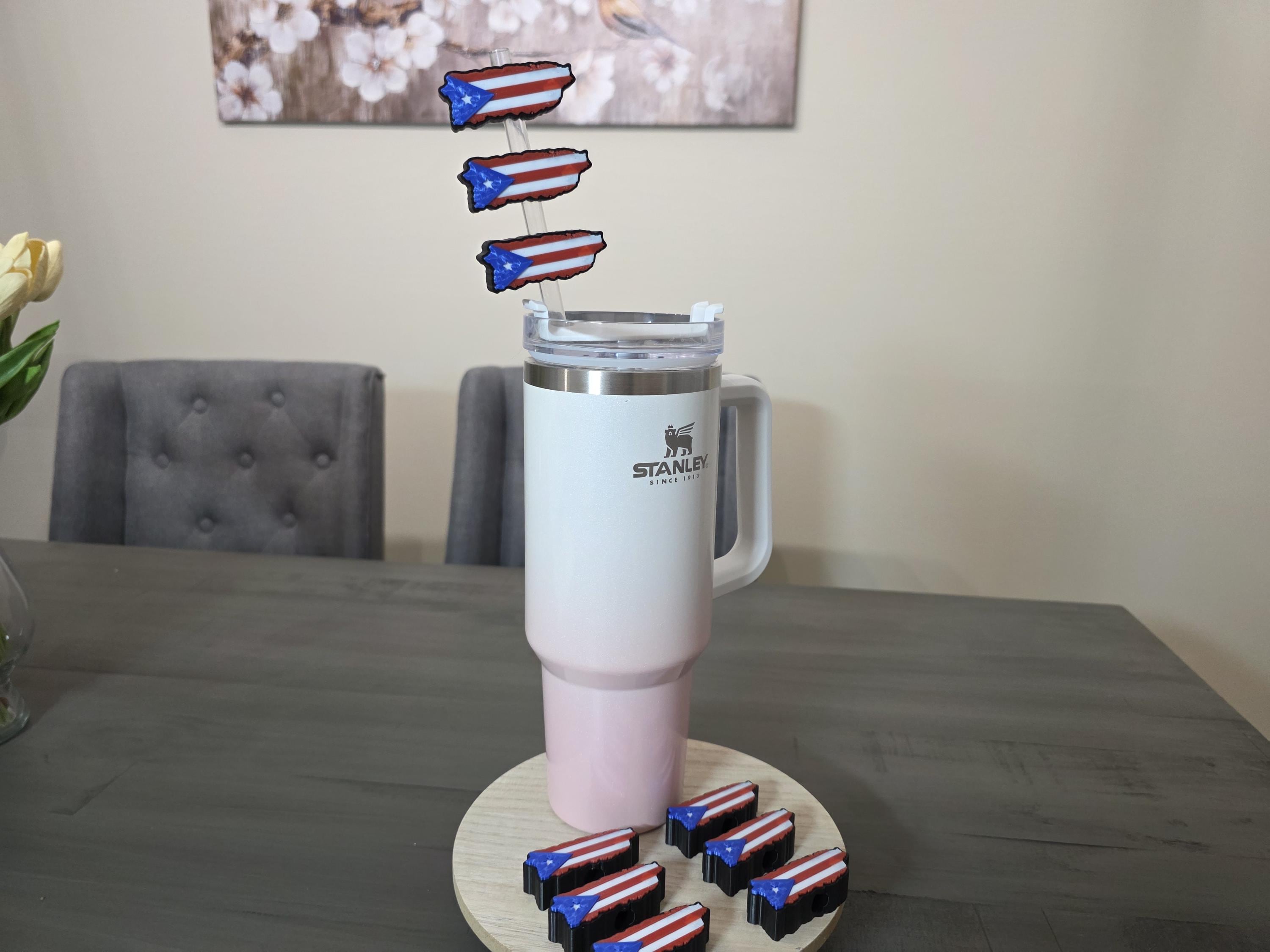 Puerto Rico Island Flag Straw Charm | 3D Printed PLA Straw Topper | Boricua Pride Gift, Puerto Rican Tumbler Accessory for Tumbler Straws