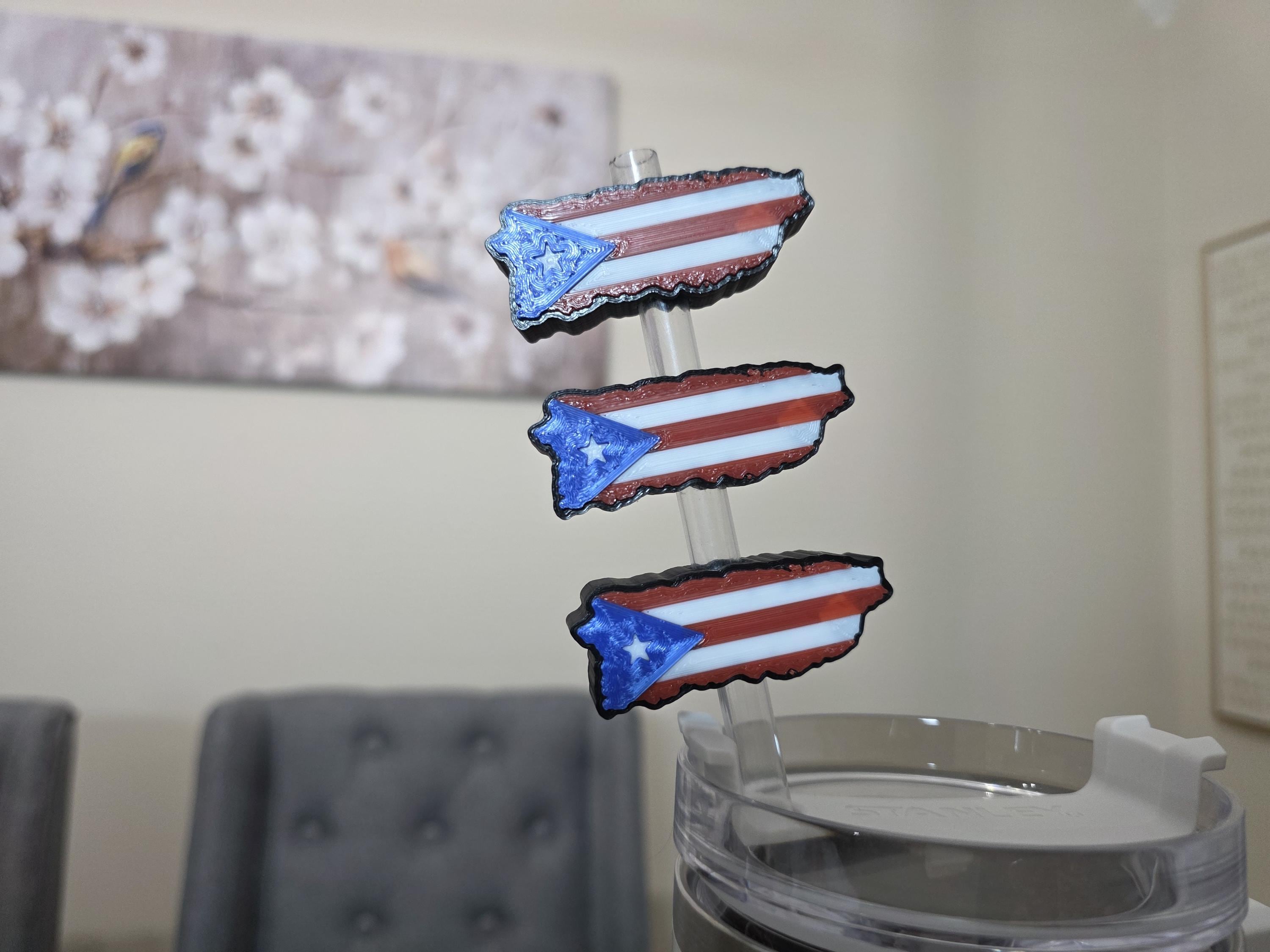 Puerto Rico Island Flag Straw Charm | 3D Printed PLA Straw Topper | Boricua Pride Gift, Puerto Rican Tumbler Accessory for Tumbler Straws