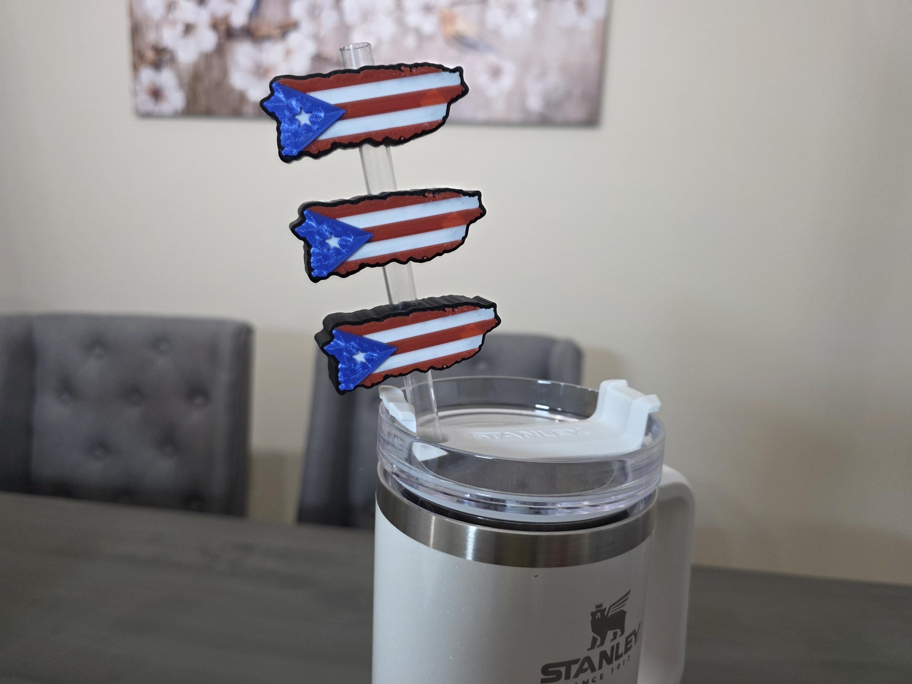 Puerto Rico Island Flag Straw Charm | 3D Printed PLA Straw Topper | Boricua Pride Gift, Puerto Rican Tumbler Accessory for Tumbler Straws
