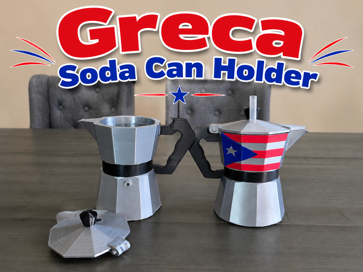 Puerto Rico Greca Can Holder Or Moka Pot Can Holder | 3D Printed Silk PLA | Boricua Coffee Pot Drink Holder | Puerto Rico Flag Decor